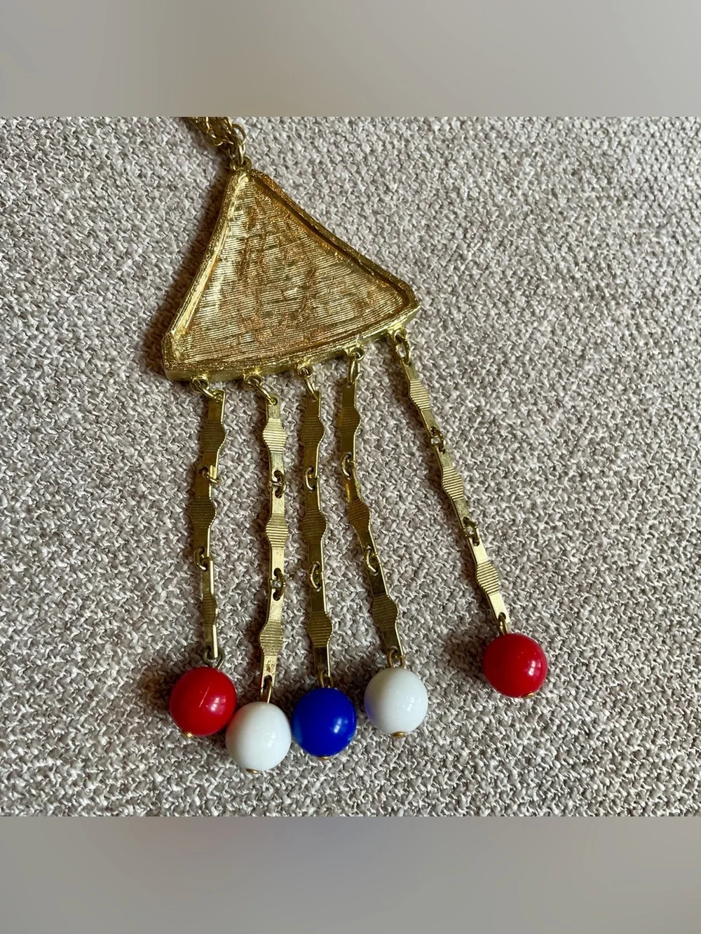 Vintage 1976 Bicentennial Gold Tone Red White Blue Statement Pendant Necklace